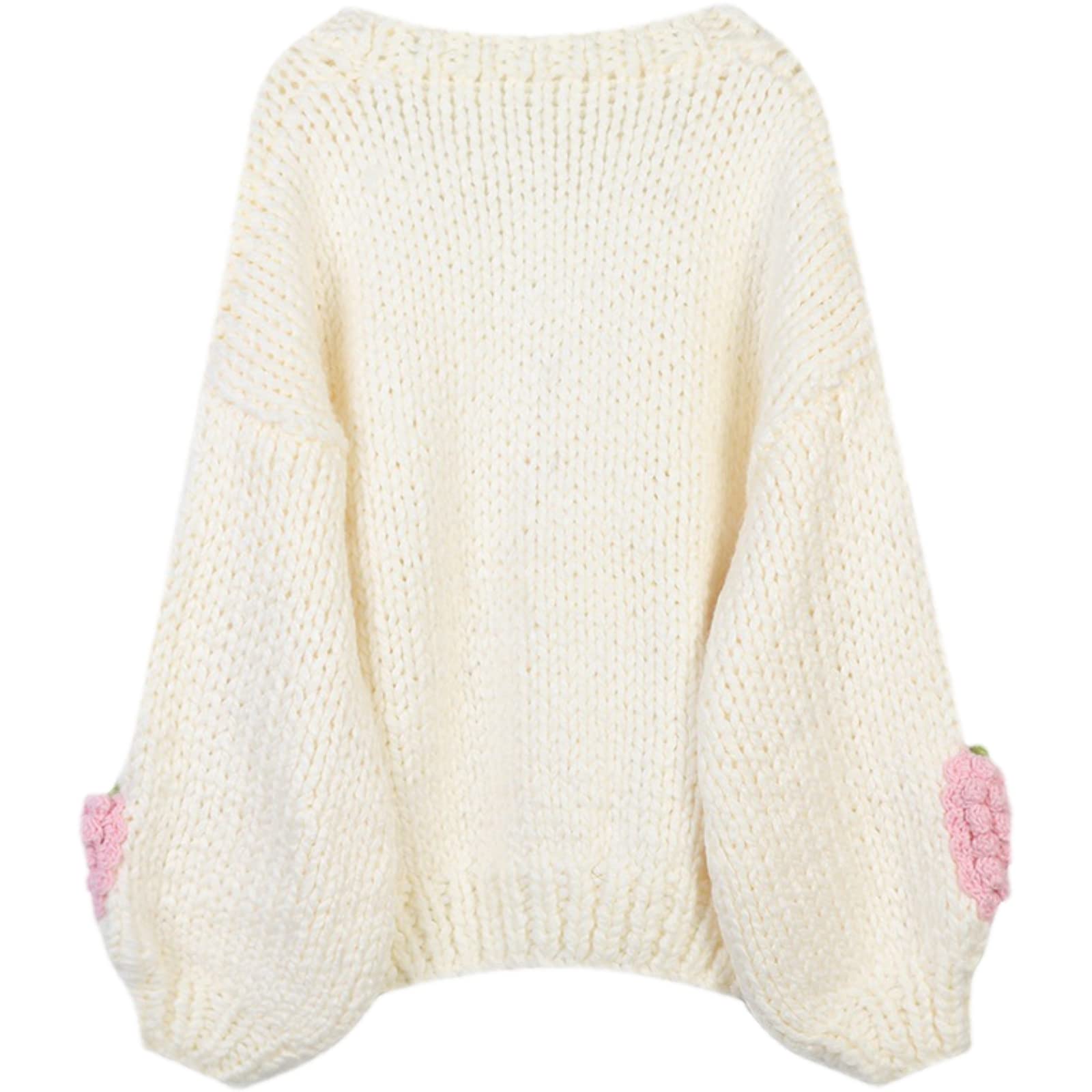 3D Pink Strawberry Pattern Woman Sweater White Knit Cardigan Cute Button V-neck